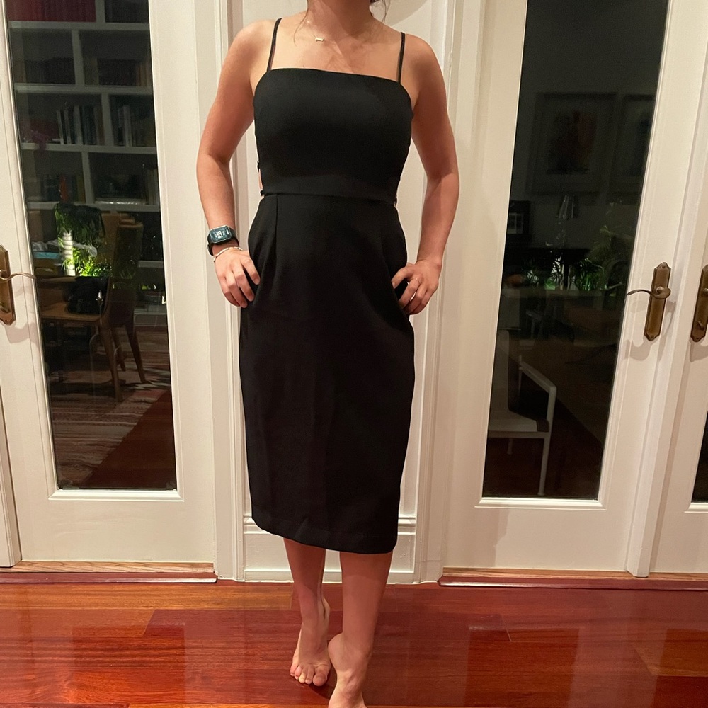 Black BCBG midi dress, open back, size 4